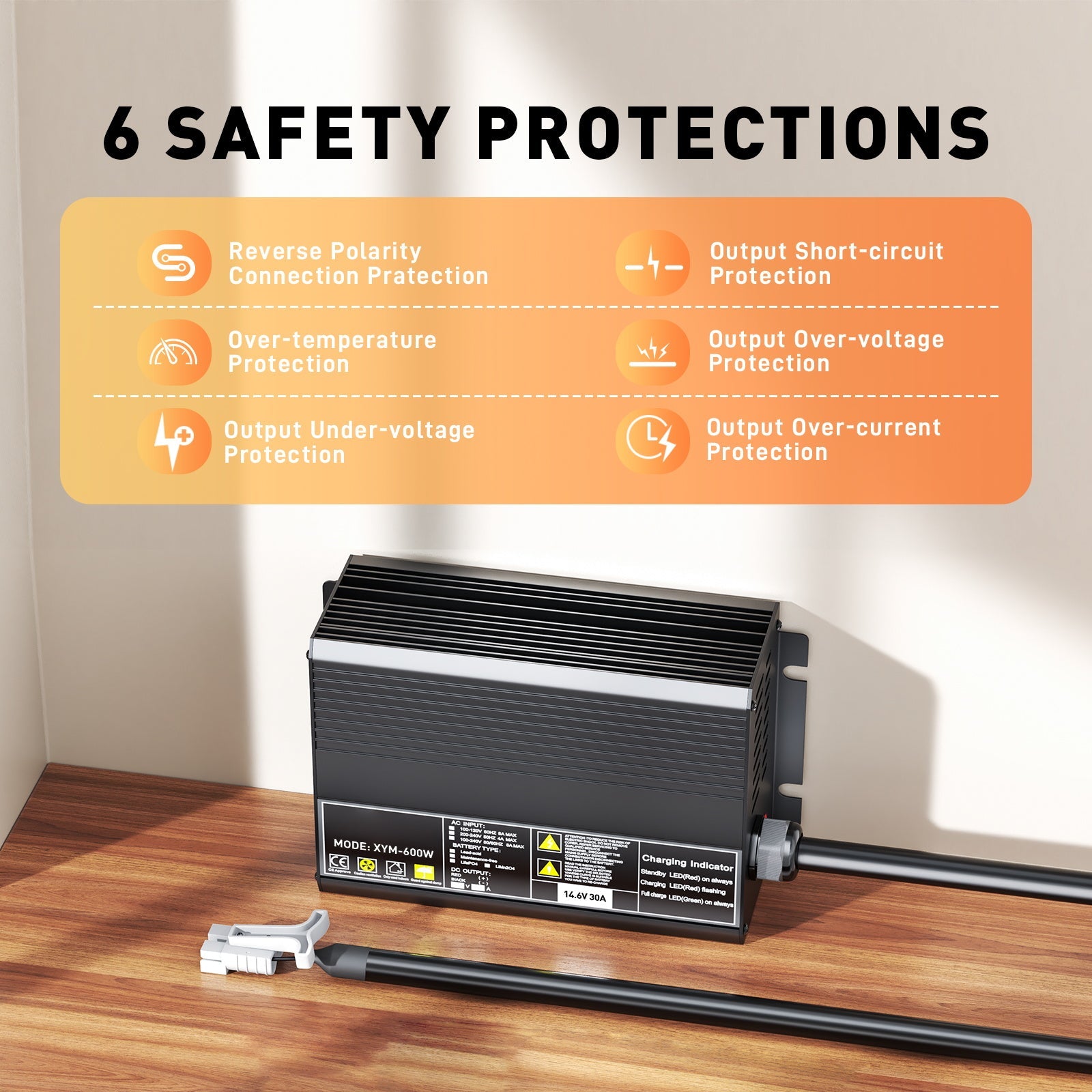 Carregador de bateria LiFePO4 12V 30A, tensão de carga 14,6V, ativação BMS 0V, desligar automático, com conector de carregamento rápido Anderson 50A